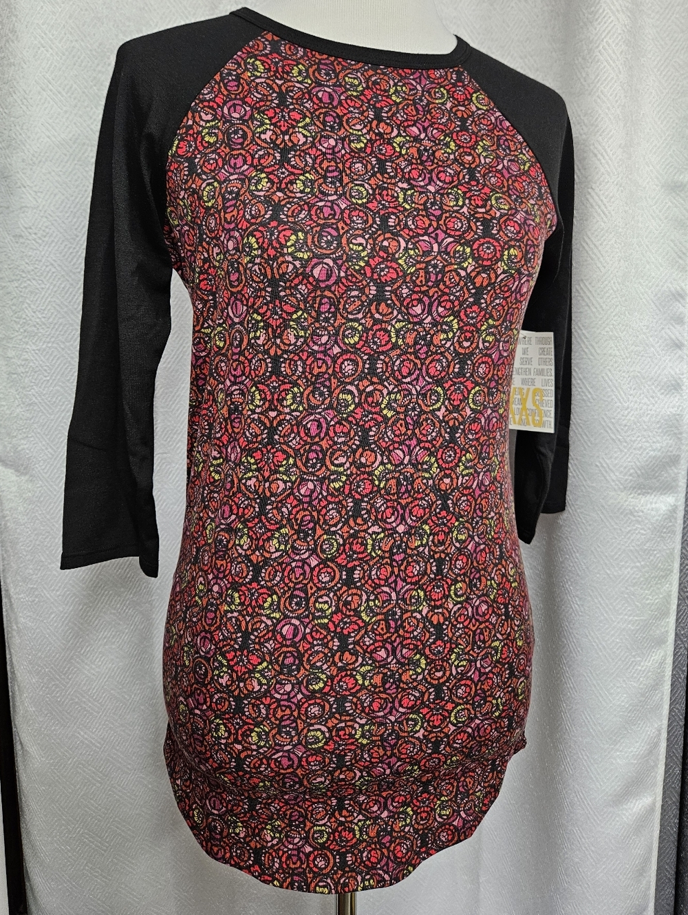 LuLaRoe XXS Randy T Black Top with Red, Pink & Yellow Floral Swirls Shirt